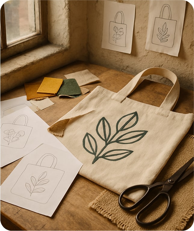 A studio space with eco tote bag on a work table.