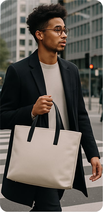 A stylish person carries a tote bag