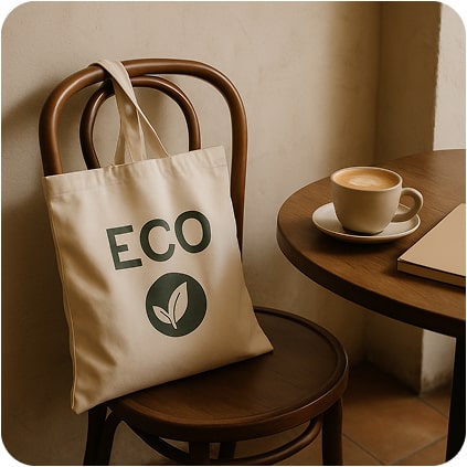 A young woman holding a large eco tote bag
